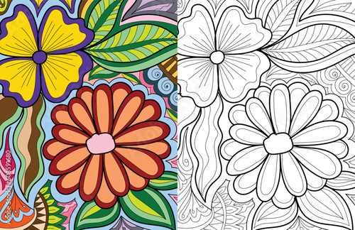 Decorative doodle hand drew floral mehndi design style coloring book page illustration