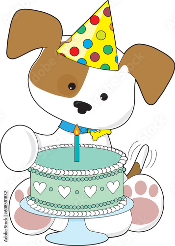 A cute little puppy wearing a party hat, wags his tail in excitement over a birthday cake with a single candle.