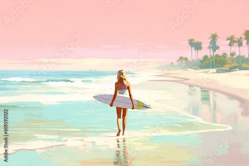 Beautiful woman with surf stands on the seashore in retro style. Back view. Generated AI