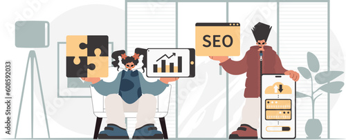 A collect of SEO stars. Synchronization and security of data capacity concept. Trendy style, Vector Illustration