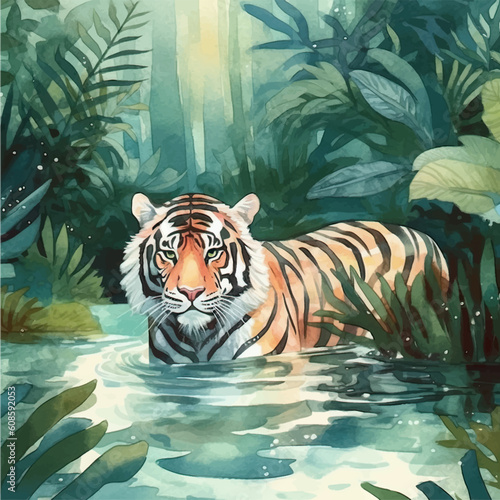 Beautiful watercolor painting of jungle with tiger. Generated AI
