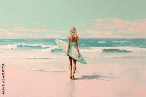 Beautiful woman with surf stands on the seashore in retro style. Back view. Generated AI