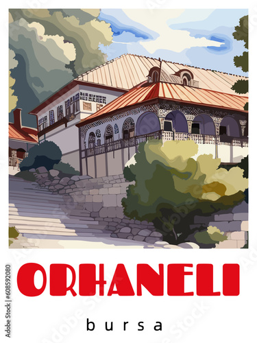 Orhaneli: Retro tourism poster with a Turkish landscape and the headline Orhaneli / Bursa