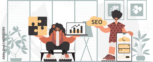 A collect of SEO stars. Synchronization and security of information capacity concept. Trendy style, Vector Illustration