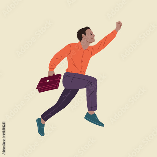 Editable vector illustration of Young handsome Asian man office worker holding a bag and jumping on light yellow background