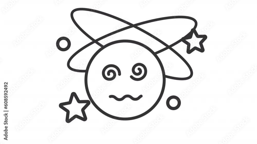 Animated crazy emoji line icon. Face with spiral eyes animation. Stars