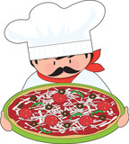 The chef is holding out his all dressed, fresh pizza.