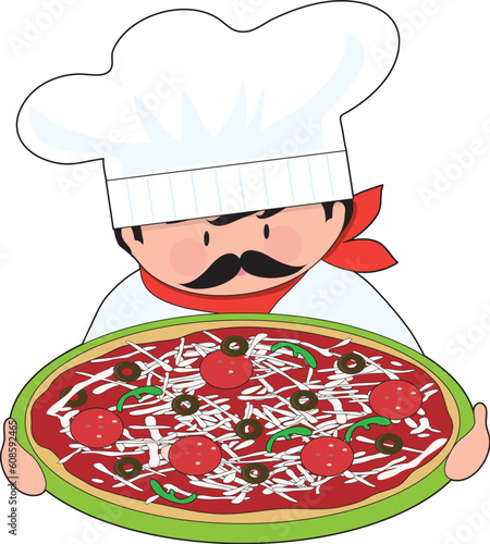 The chef is holding out his all dressed, fresh pizza.