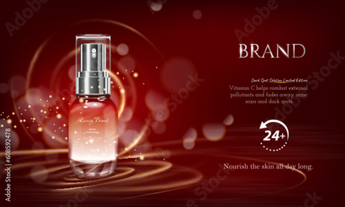 Attractive cosmetic ads, red packaging skincare on red color background in 3D illustration, glitter particles elements
