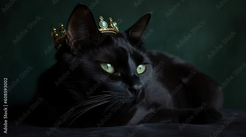 A black cat with a golden crown on its head.generative ai