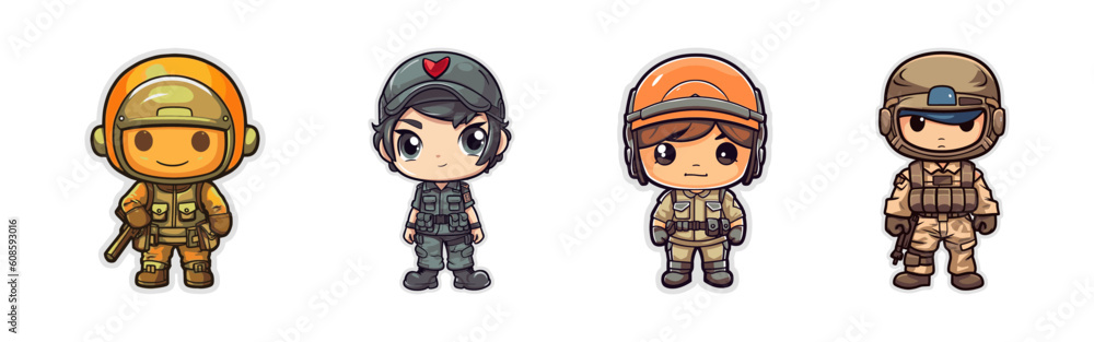 Cartoon soldiers. Group of cute soldier. Vector illustration.