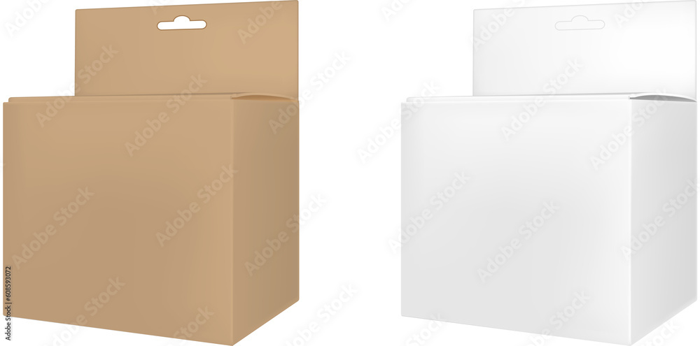 Realistic paper or plastic packaging box with hanging hole Realistic paper or plastic packaging box with hanging hole
