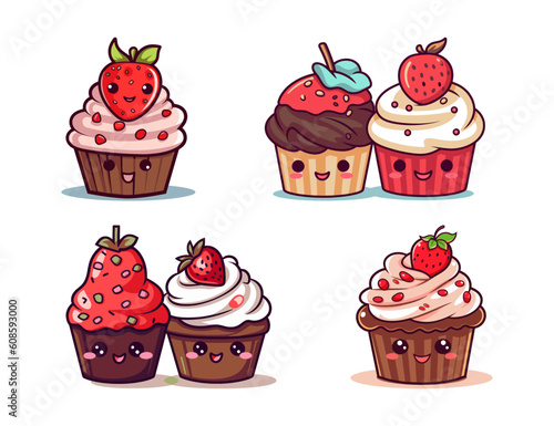 Cute cupcakes with strawberry and whipped cream. Vector illustration.