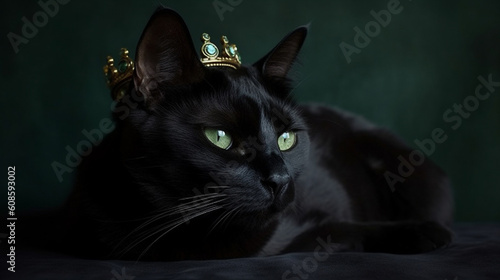 A black cat with a golden crown on its head.generative ai © S...