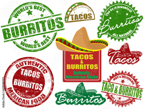 Set of grunge rubber stamps  with  the words tacos and burritos written inside, vector illustration