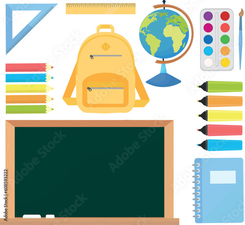 School supplies school learning attributes blackboard backpack vector illustration