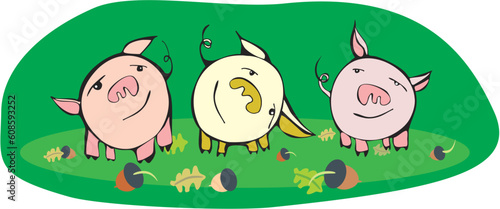 Three small pigs on a green glade collect acorns