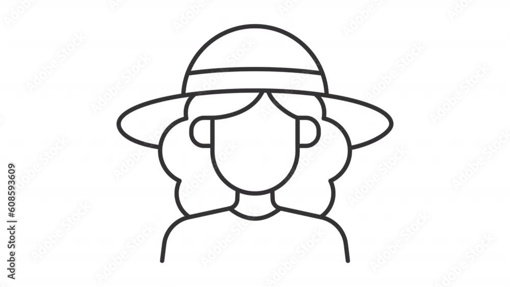 Head covering icon animation. Animated line woman wearing hat. Check mark. Sun protection. Formal event. Summer safety. Loop HD video with alpha channel, transparent background. Outline motion graphic Head covering icon animation. Animated line woman wearing hat. Check mark. Sun protection. Formal event. Summer safety. Loop HD video with alpha channel, transparent background. Outline motion graphic