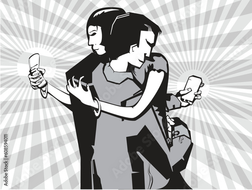 A couple romantically embrace with cellphones in hand