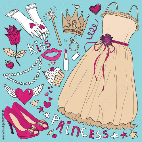 Princess fashion set wth dress, gloves, crown, beads, shoes, lipstick, a ring, a rose and other ornaments