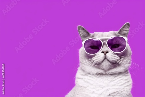 Surprised cat with sunglasses on his head on a violet background copy space. Generative AI