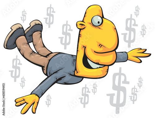Happy man flying among dollars