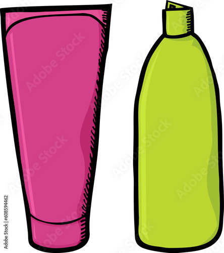 Two generic colorful soap and lotion bottles over white
