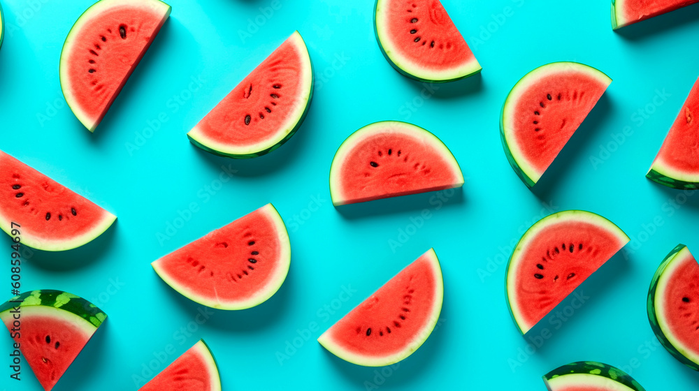 Watermelon pattern on blue background. Summer concept. Flat lay, top view. Generative ai Watermelon pattern on blue background. Summer concept. Flat lay, top view. Generative ai