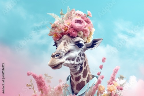 Cute giraffe with bouquet of flowers on blue background. Creative concept. Generative AI
