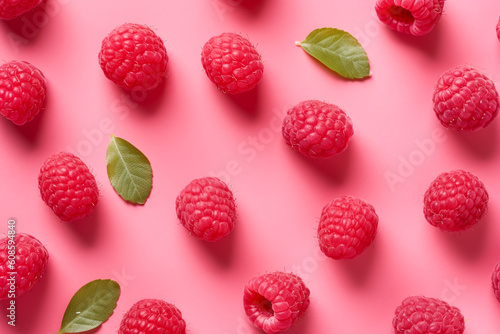 raspberries pattern on pink background. Summer concept. Flat lay, top view. Generative ai