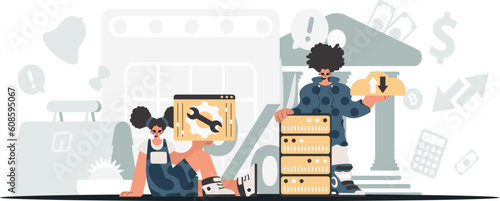 A collect of SEO stars. Synchronization and security of information capacity concept. Trendy style, Vector Illustration