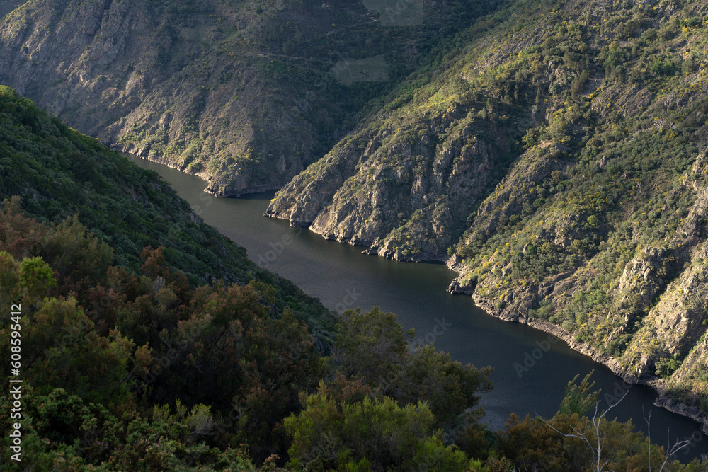 Aerial view of Canyons of the Sil river in the Ribeira Sacra zone of Galicia in springtime since Madrid balconies viewpoint. Ourense, Spain.