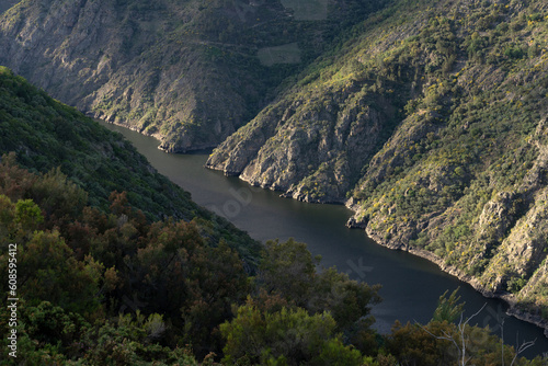 Aerial view of Canyons of the Sil river in the Ribeira Sacra zone of Galicia in springtime since Madrid balconies viewpoint. Ourense  Spain.