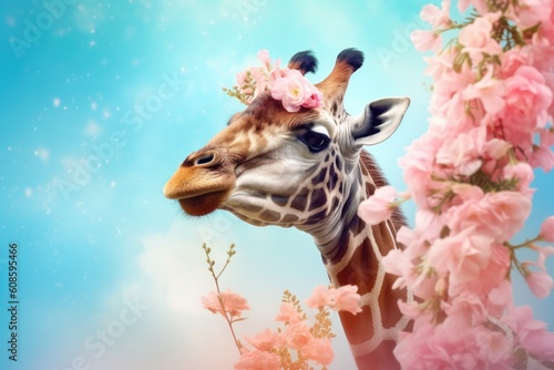 Cute giraffe with bouquet of flowers on blue background. Creative concept. Generative AI