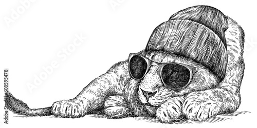 Photography Vintage engraving isolated lion king set glasses dressed fashion illustration ink sketch