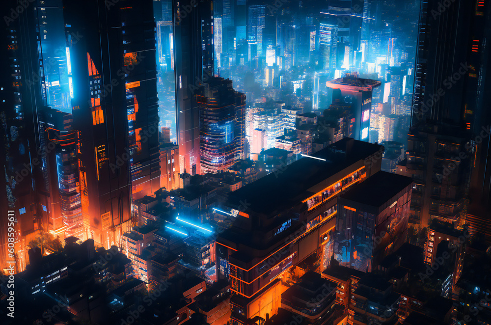 Illustration of a illuminated futuristic city in the night. Created with Generative AI technology.