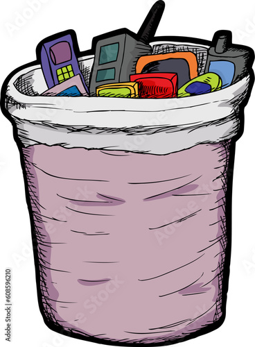 Obsolete mobile phones and handheld games in trash can