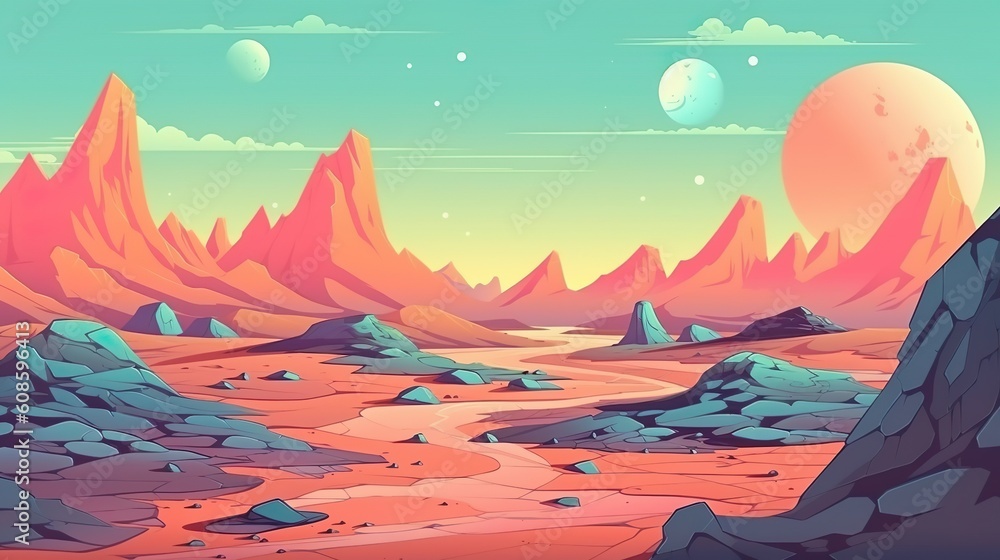Abstract background lunar landscape. Banner design with an abstract background, showcasing illustrated image of a lunar landscape that transports you to a celestial realm. Generative AI. - obrazy, fototapety, plakaty 