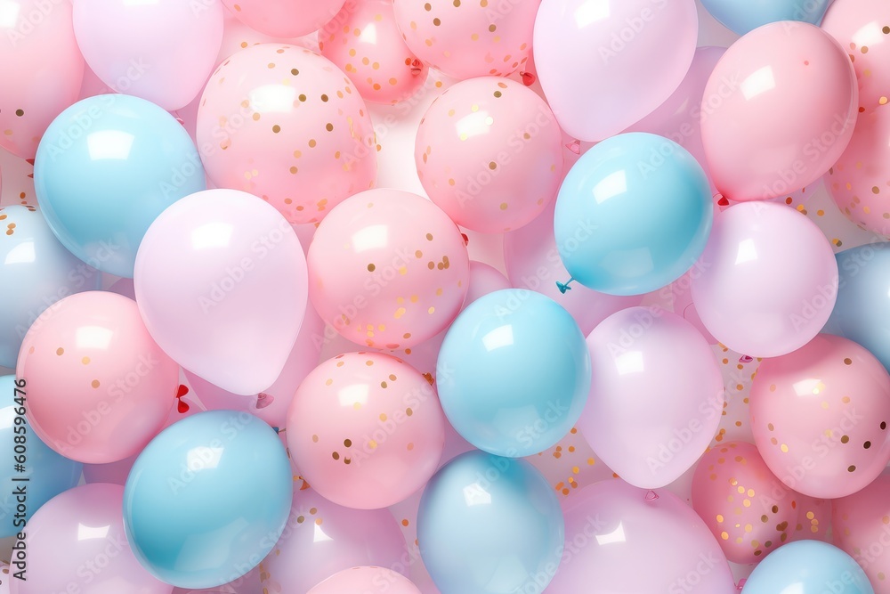 Beautiful background with pastel pink and blue balloons. Concept of happiness, joy, birthday. Generative AI