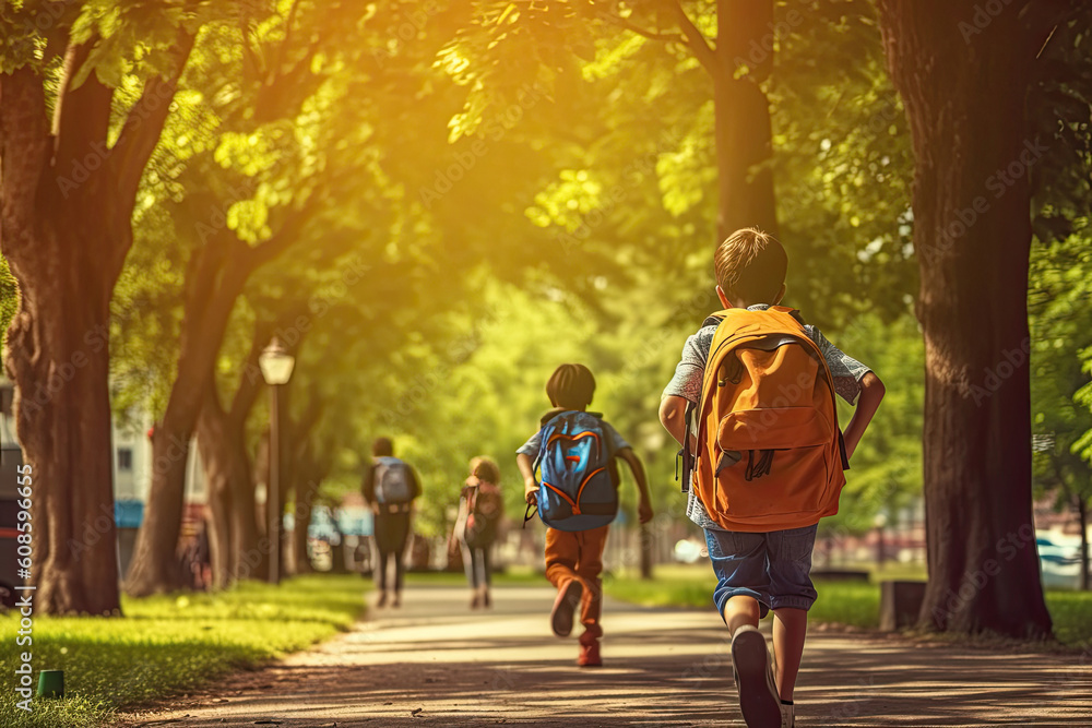Boys running to school through the park, Generative AI Boys running to school through the park, Generative AI