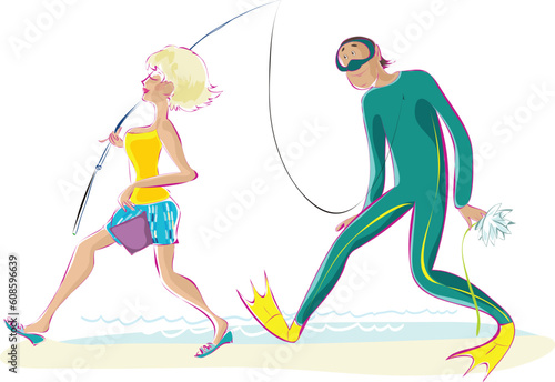 Vector illustration of fishing couple