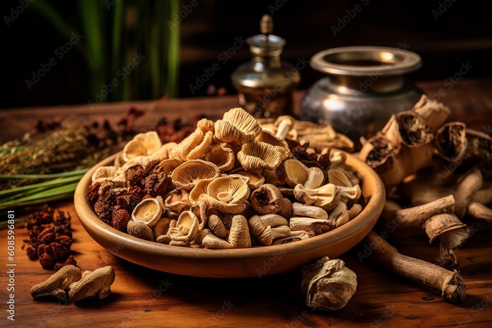 Tabletop herbal medicine vignette with Red Ginseng. Generative AI Tabletop herbal medicine vignette with Red Ginseng. Generative AI