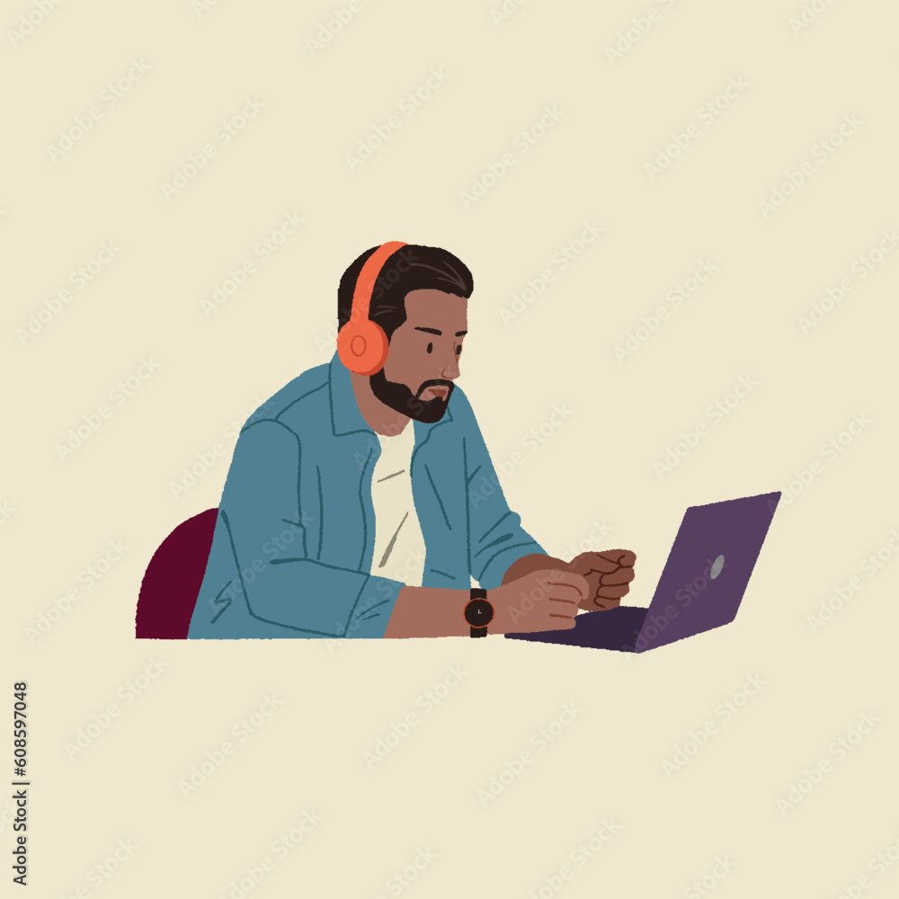 Editable vector illustration young man student freelancer using laptop, watching webinars, working remotely, e-learning e-commerce online 