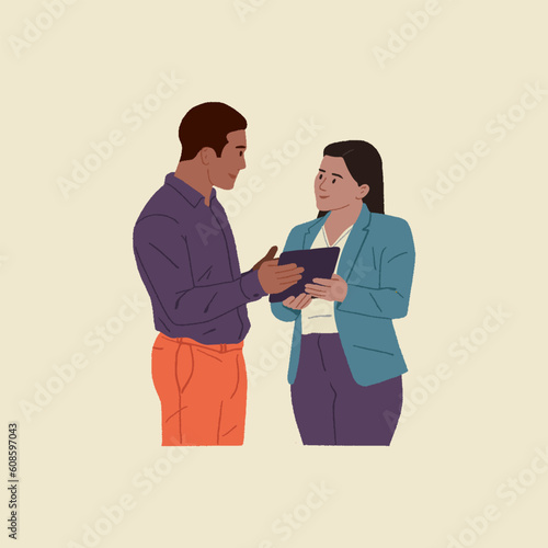 Editable vector illustration Portrait of a successful businessman and woman working, talking together