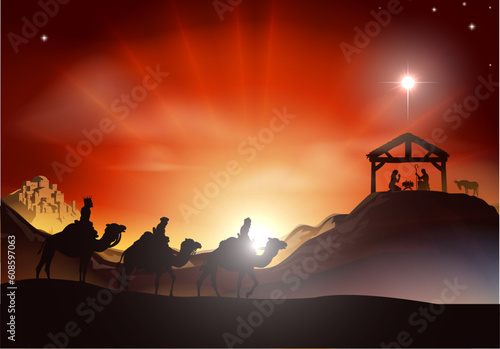 Traditional Christian Christmas Nativity scene with the three wise men