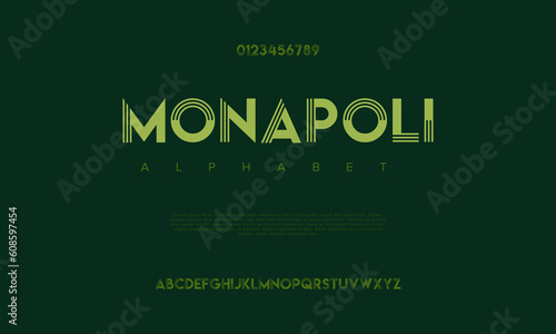 Monapoli abstract digital technology logo font alphabet. Minimal modern urban fonts for logo, brand etc. Typography typeface uppercase lowercase and number. vector illustration