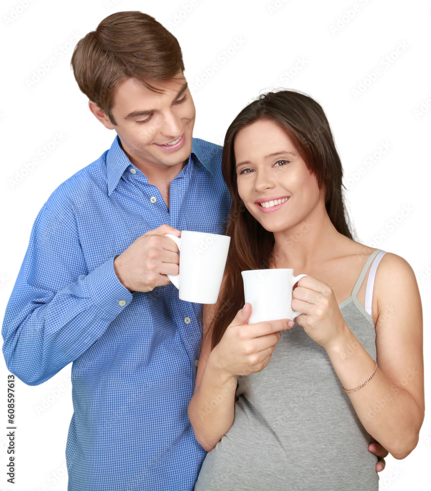 Happy Couple Holding Coffee Mugs - Isolated Happy Couple Holding Coffee Mugs - Isolated