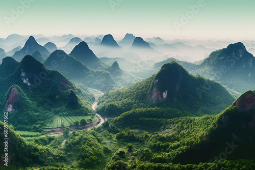 The natural landscape of the mountains and water in Guilin, China photo