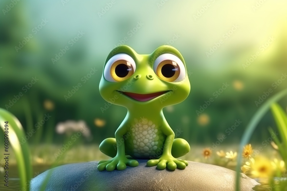 a cute adorable baby frog character stands in nature in the style of  children-friendly cartoon animation fantasy 3D style Illustration created  by AI Stock Illustration