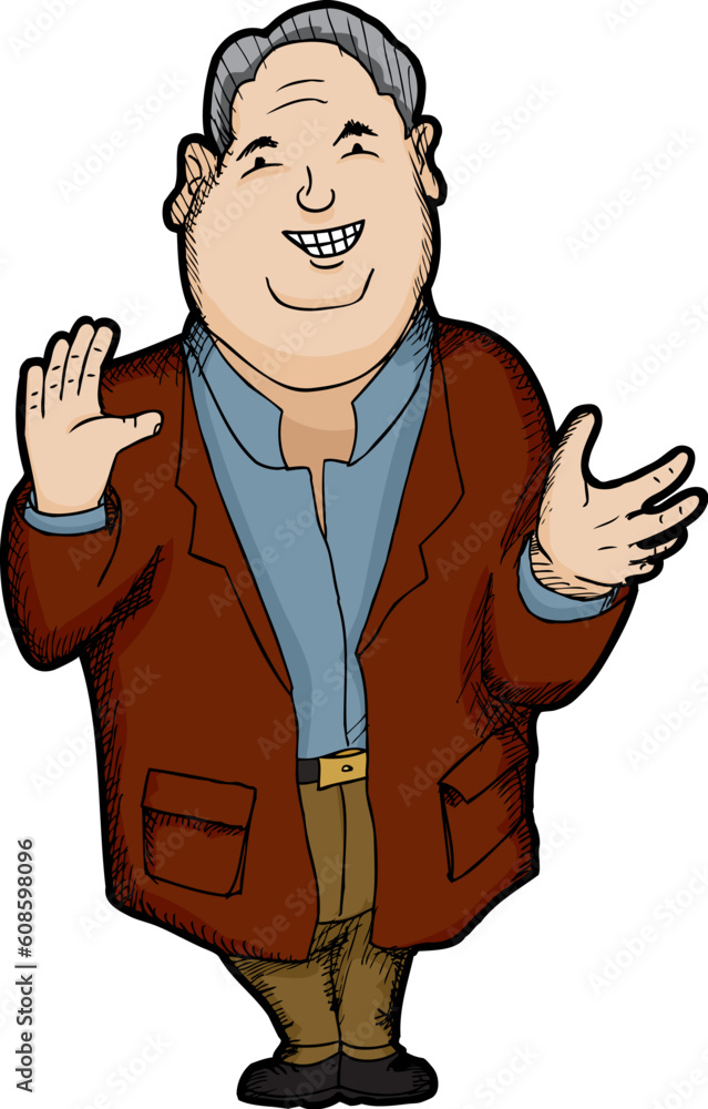 Smiling Caucasian businessman gestures with hands over white background